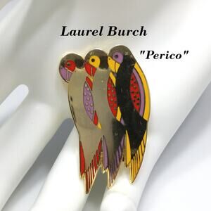 Laurel Burch "Perico" Brooch, Gold Plated Parakeets, Cloisonné Birds, 1980s